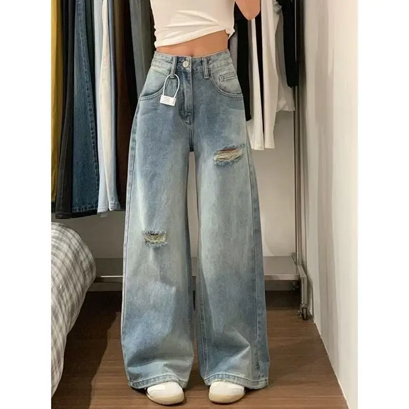 찢어진 데님 청바지 여성 이른 봄 새로운 미국식 레트로 페이드 디자인 캐주얼 스트레이트 레그 와이드 레그 팬츠 스탠다드 핏 여름