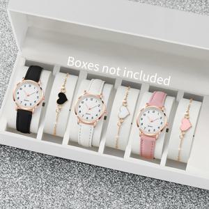 4/6PCS 패션 가죽 스트랩 여성 쿼츠 시계 세트 숙녀 아랍어 다이얼 손목 시계 하트 팔찌 Reloj Mujer(상자 제외)