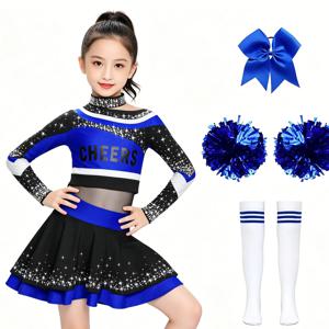 키즈 소녀 치어 리더 의상 치어 리더 유니폼 스포츠 현대 댄스 의상 편지 인쇄 반짝 이는 라인 석 탑 스커트