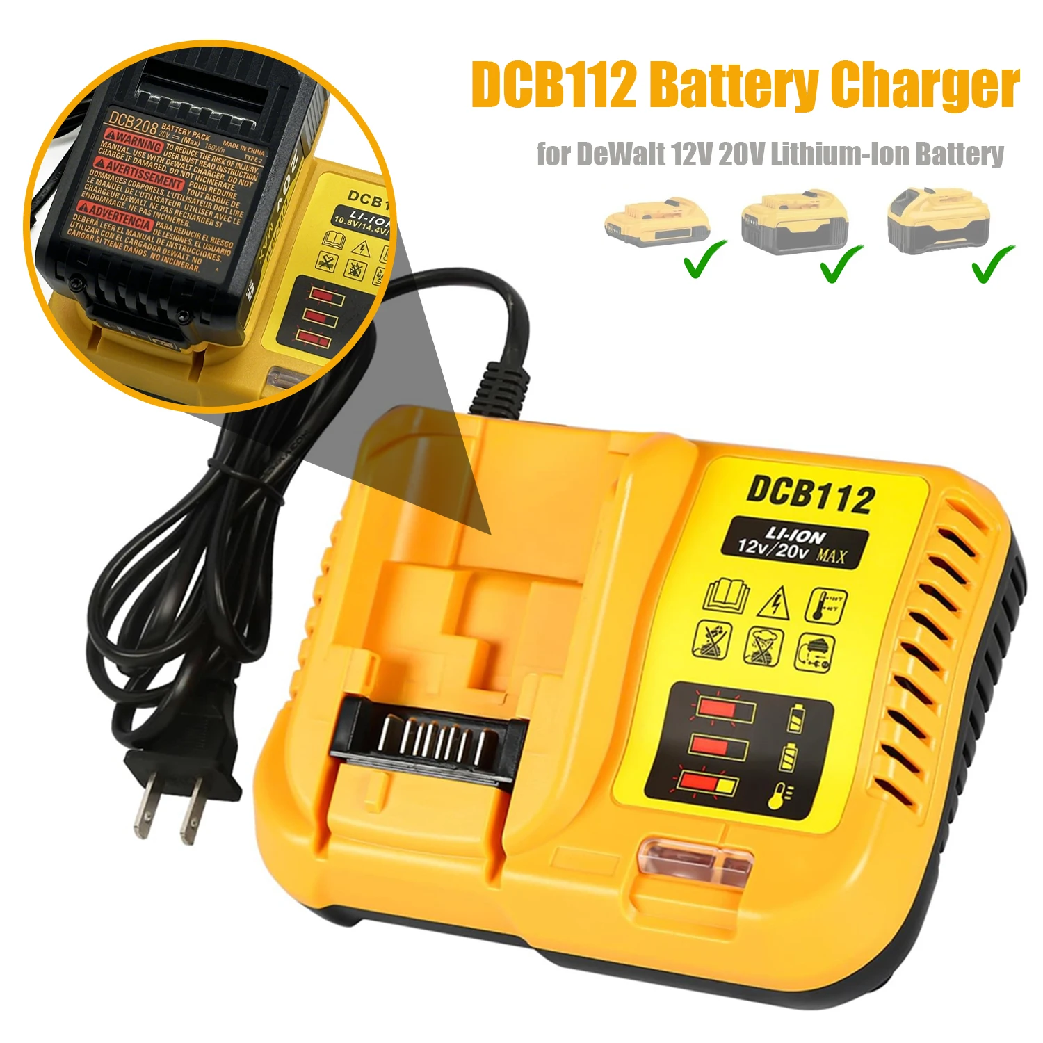 EU DCB112 배터리 충전기 디월트 12V 20V 리튬이온 배터리 대체품 DCB208 DCB201 DCB200 DCB612(배터리 미포함)