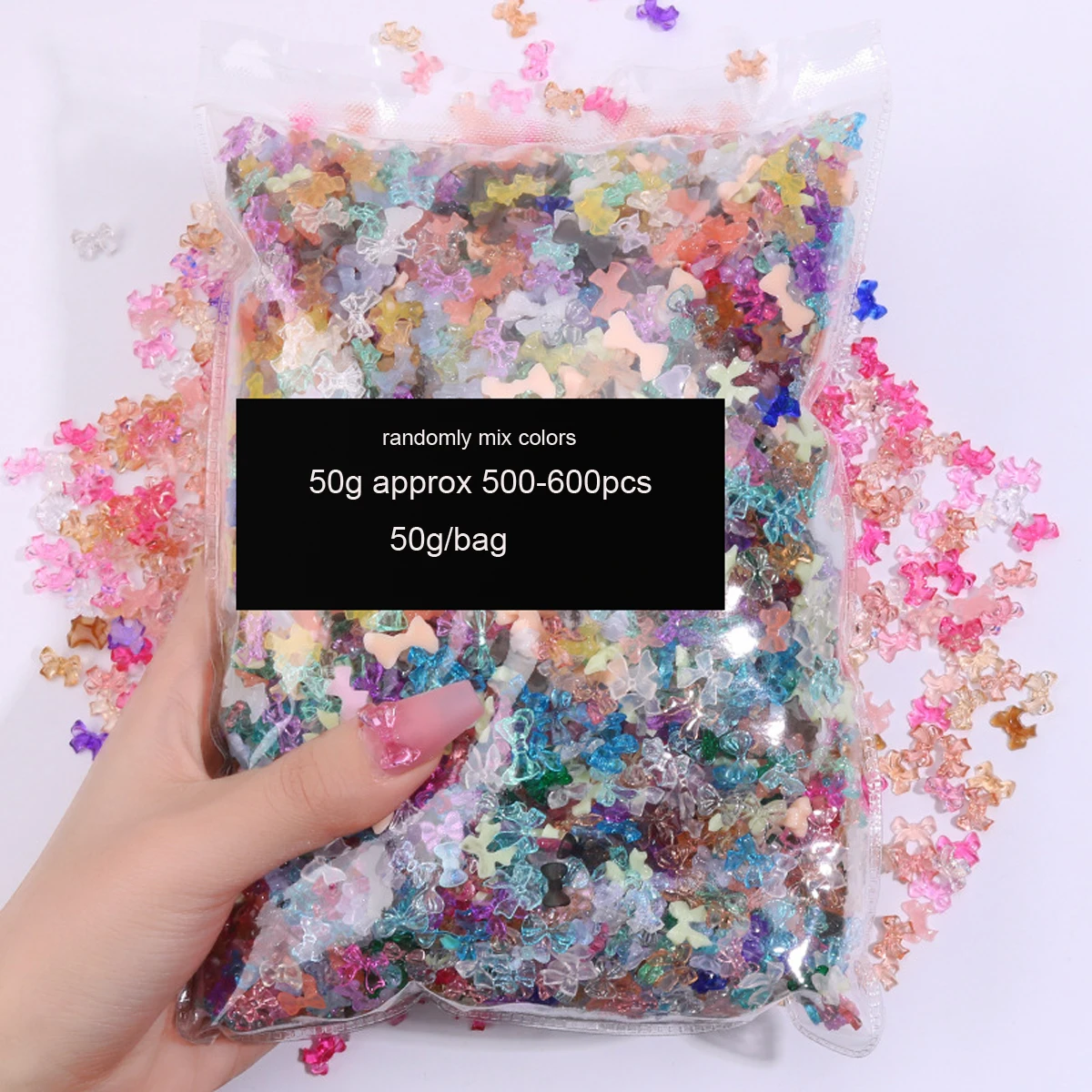 50g/봉투 3D 믹스 오로라 레진 보우/플라워 네일 참 장식 화려한 나비/리본 네일아트 라인스톤 DIY 매니큐어 액세서리