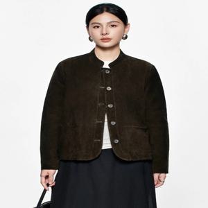 빈티지 짧은 천연 가죽 스웨이드 재킷 여성용 가을 겨울 고급 심플 스탠드 칼라 진짜 소가죽 카멜 다운 코트