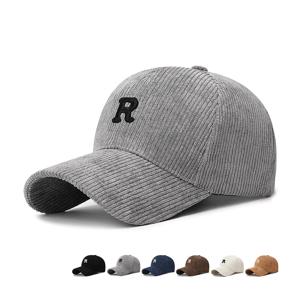 3D 자수 'R' 글자가 있는 코듀로이 야구 모자, 단색 조절 가능한 구조화된 모자, 스타일리시한 가을 및 겨울 액세서리