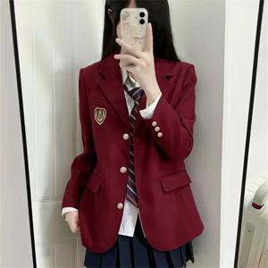 우아한 와인 레드 JK 유니폼 학교 정장 재킷 여성 스타일 통근 패션 슬림핏 긴팔 폴리에스터 섬유 코트