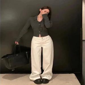 여름 여성용 화이트 하이웨이스트 와이드 레그 진 프리미엄 드레이프드 이지시크 루즈 스트레이트 레그 데님 팬츠 데일리 오피스룩