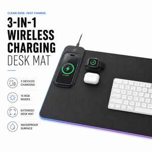 3-in-1 무선 충전 데스크 매트 RGB 게이밍 마우스 패드 대형 방수 초슬림 데스크탑 패드 (휴대폰 거치대 포함) 사무실용
