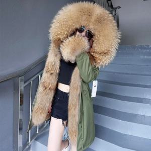 MAOMAOKONG 여성용 모피 코트, 모피 칼라, 천연 여우 모피 안감, 라쿤 후드 파카, 탑 패션, 럭셔리 겨울