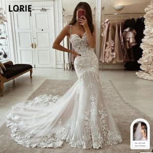 LORIE 아이보리 인어 웨딩 드레스 레이스 아플리케 Tulle Bridal 가운 기차 아가 스파게티 스트랩 빈티지 가운 맞춤형