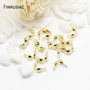 3mm/4mm 14K 금도금 황동 칼로트 크림프 비즈 팁 매듭 커버 클램쉘 폴드오버 비즈 팁 DIY 쥬얼리 제작 용품