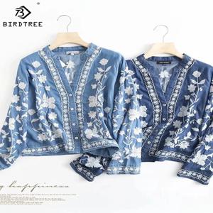 3/4 소매 데님 셔츠 여성용 봄 여름 부드러운 청 V넥 플로럴 자수 블라우스 얇은 코트 탑 신상 2026 T35432M
