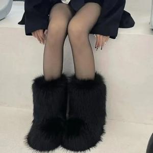 겨울 신발 여성 겨울 푹신한 가짜 여우 모피 부츠 여성 플러시 따뜻한 눈 부츠 럭셔리 신발 소녀 모피 모피 Bottes 패션