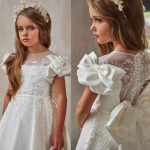 새틴 꽃의 소녀 드레스 웨딩 넥을위한 흰색 아플리케 레이스 Todder Puffy Princess Evening Party First Communion Ball 가운