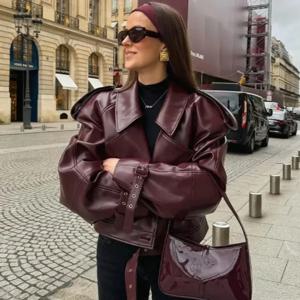 빈티지 옷깃 가죽 바이커 자켓 여성 폭격기 자켓 짧은 코트 streetwear 지퍼 긴 소매 방풍 겉옷 블랙 와인 레드