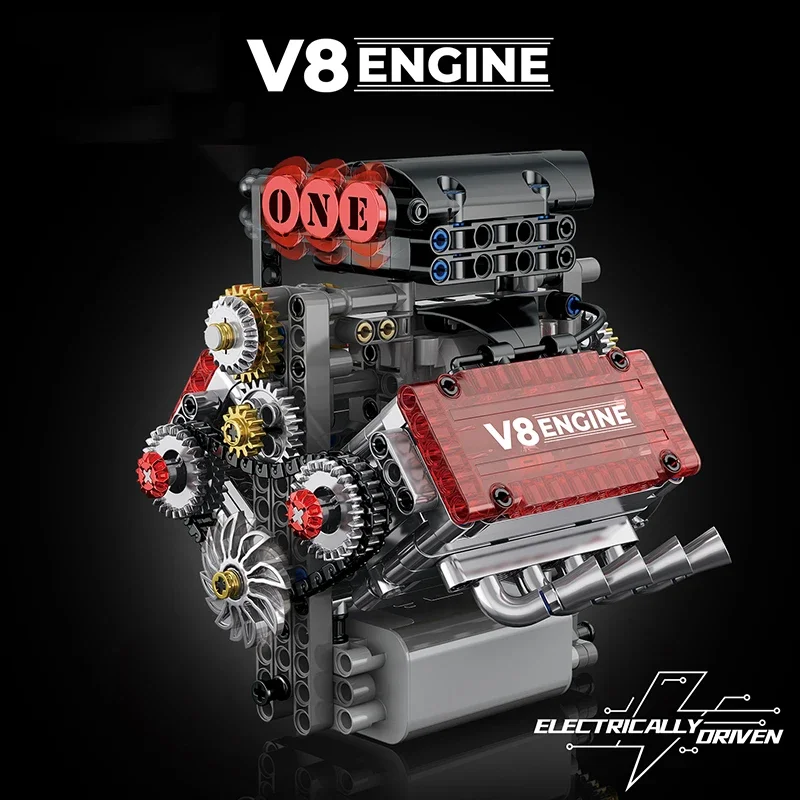 벽돌 V8 엔진 모터 구동 시뮬레이션 모델 전기 구동 빌딩 블록 기술 자동차 부품 창의적인 장난감 선물 소년 성인용
