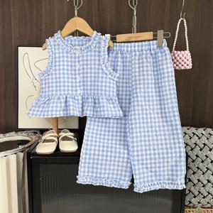파란색과 흰색 격자 무늬 신선한 캐주얼 소녀 의류 레이스 민소매 싱글 브레스트 조끼 + 와이드 레그 팬츠 여름용 투피스 세트