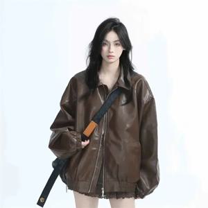 브라운 레트로 걸 패션 지퍼 인조 가죽 재킷 봄 가을 여성 긴 소매 가죽 코트 2025 여성 PU 가죽 아우터웨어