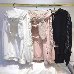 겨울 달콤한 귀여운 토끼 귀 로리타 코트 여성 캐주얼 패션 밴디지 레이스 오버사이즈 스웨트셔츠 Y2K 하라주쿠 후드 재킷