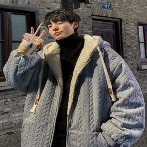 양털 벨벳 후드 재킷 남성용 겨울 캐주얼 두꺼운 플러피 코튼 코트 루즈핏 유행 젊은 감각 따뜻한 지퍼 클로저