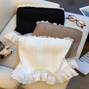 스위트 스파이시 걸 레이스 패치워크 벨 슬리브 스트랩 베스트 여성 봄 여름 아우터웨어 퓨어 디자이어 원숄더 피쉬본 튜브탑