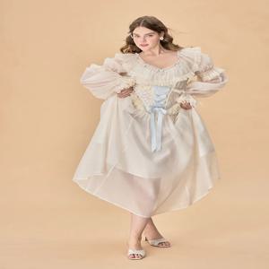 TIYIHAILEY 가을 여성 드레스 풀 랜턴 슬리브 롱 맥시 여성용 XL-4XL 빈티지 하이 웨이스트 슬래시 넥 화이트 레이스 업 플러스 사이즈