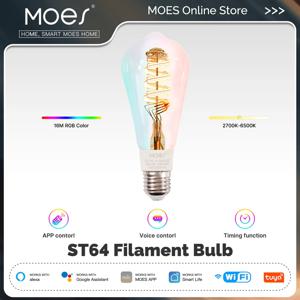 MOES Tuya WiFi 스마트 ST64 에디슨 LED 전구 1600만 RGB 색상 변경 2700K-6500K Alexa/Google 홈으로 디밍 가능 작업