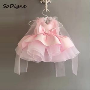 SoDigne A 라인 새틴/얇은 명주 그물 미니 플라워 걸 원피스 브이넥 민소매 공주 아이 가운, 2025 생일 파티 드레스, 맞춤형 브래지어