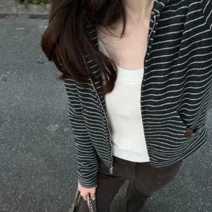 스트라이프 후드 티셔츠 여성 긴 소매 한국어 지퍼 스포츠웨어 봄 가을 루즈 캐주얼 하라주쿠 Y2K 프레피 스타일 코트