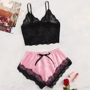 2025 여름 2 Pcs 여성의 새로운 섹시한 레이스 시스루 잠옷 블랙 핑크 귀여운 옷 편안한 통기성 서스펜더 반바지 세트