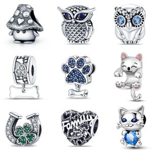 925 실버 컬러 버섯 올빼미 고양이 뼈 동물의 매력 비즈 맞는 Pandach 925 원래 팔찌 파인 DIY 생일 쥬얼리 선물