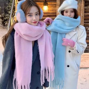 여성용 겨울 스카프 캐시미어 따뜻한 솔리드 핑크 파시미나 담요 랩 여성용 두꺼운 부드러운 부판다 큰 태슬 숄 롱 에샤르프