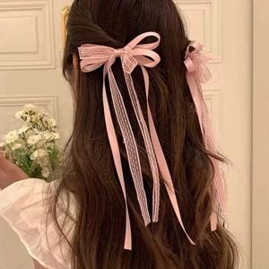 레이스 새틴 리본 활 리본 가장자리 클립, 여성용 넥타이, 더블 포니테일 브레이드 헤어 클립 장식, 고급 헤어 액세서리