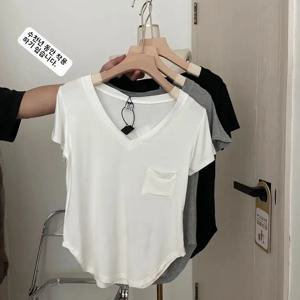 루즈핏 모달 코튼 티셔츠 여성 여름 한국 버전 반팔 브이넥 캐주얼 탑 본락킹 드레이핑 느낌 베이스 셔츠