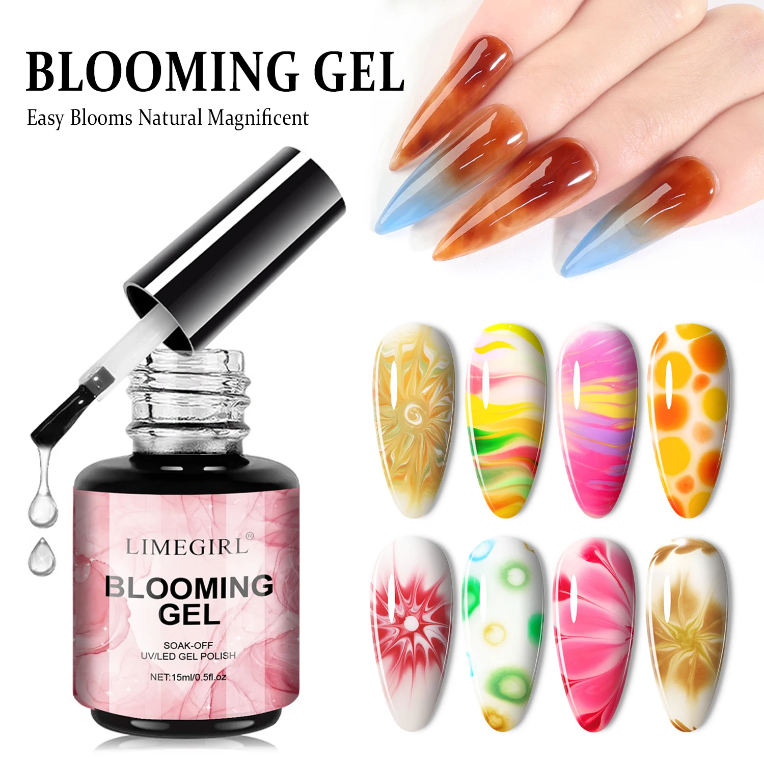 LIMEGIRL 15ML 네일 블루밍 젤 UV 소크 스프레드 마블 블라썸 스프레딩 효과 기능성 네일 아트 클리어 블루밍 젤 폴리쉬