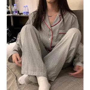 플러스 사이즈 잠옷 여성 봄과 여름 긴 소매 긴 바지 두 조각 양복 줄무늬 Nightwear Loungewear 소녀 잠옷