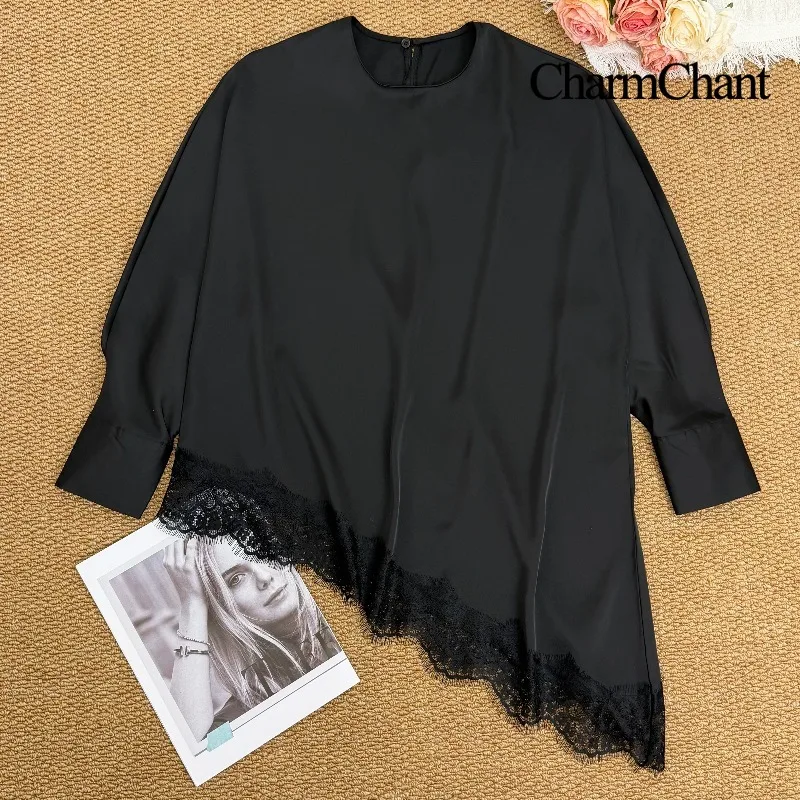 CharmChant 새틴 블랙 비대칭 레이스 긴팔 셔츠 여성용 Y2k 하라주쿠 패션 우아한 민소매 셔츠 블라우스 여성