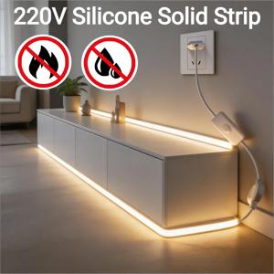 1-30M 유연한 실리콘 COB LED 스트립 220V, 방수, 3가지 색온도 네온 조명, 가정 분위기 장식용 스위치 포함