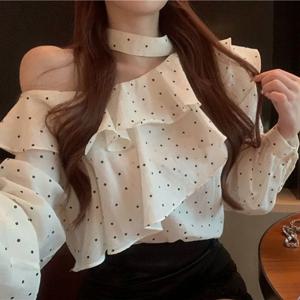 프렌치 스타일 홀터넥 도트 무늬 쉬폰 셔츠 여성 우아한 오프숄더 러플 블라우스 여성용 한국 스타일 올매치 트렌드 블라우스