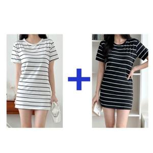 1+1 스트라이프 미니원피스 여름 반팔 면 원피스 WFLRZEC