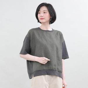 [애비뉴투지]엄마옷 린넨 배색 옆트임 여성 여름 라운드 반팔 티셔츠 A05315 50대 60대 중년여성