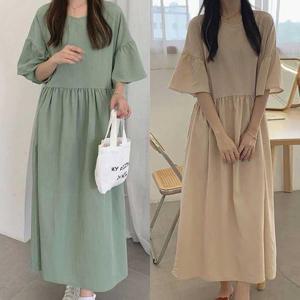 [오노마] ONM 린넨 원피스 라운드넥 프릴 와이드소매 플레어 스커트