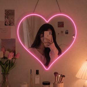 핑크하트거울 감성 용품 LED 네온 간판 미니 무선 문패 간판