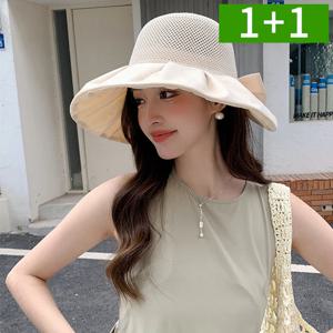 1+1 여름버킷햇 왕골모자 여성 벙거지 리본 챙넓은 햇빛가리개