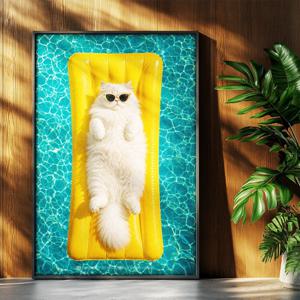 고양이 수영장 튜브 그림 일러스트포스터 인테리어포스터