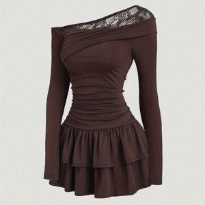 TEMU 우아한 비대칭 원숄더 미니 드레스 - 레이스 트림 허리 & 플레어 스커트, 짧은 파티 웨딩 게스트 드레스, 세탁기 사용 가능 봄/가을 의상 (스페셜 컬렉션) - ZLLZ 브랜드