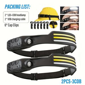 TEMU 2개 충전식 LED 헤드램프 세트, 모션 센서 230° COB 헤드램프, 이마등, 성인 헬멧 라이트, LED 헤드밴드 손전등 필수 장비 (작업, 하이킹, 러닝, 캠핑용)
