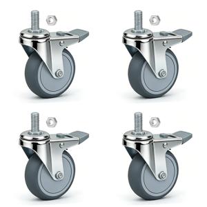 브레이크가 있는 4개입 헤비 듀티 회전 캐스터 세트 | 3인치 무흑색 회색 바퀴, M12x30mm 나사산 스템, 가구 및 카트에 적합