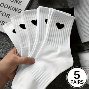 TEMU 여성용 양말 5켤레, 가을/겨울용 보온, 편안하고 부드러우며 통기성 좋고 흡습성 있는 스포츠 및 레저용 심플하고 활용도 높은 흑백 하트 패턴 슬라우치 양말