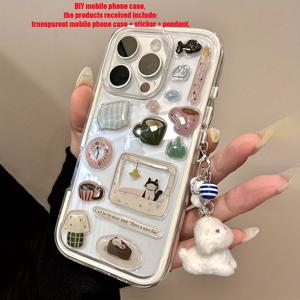 TEMU DIY 귀여운 고양이 만화 일러스트 스티커 투명 폰 케이스 아이폰 16 프로맥스 15 14 13 12 11 프로 맥스 러블리 펜던트 클리어 충격방지 커버