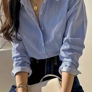 TEMU 여성용 프렌치 스타일 블루 & 가로 줄무늬 칼라 버튼 프론트 셔츠 - 우아한 빈티지 롱 슬리브 블라우스, 봄 여름 가을용, 오피스 & 세미 포멀 웨어, 클래식 프렌치 블라우스 (논스트레치)