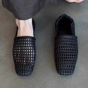 TEMU Women's Woven Mule Slip-Ons, Vintage Vacation Style, Versatile for Daily Wear, Square-Toe Openwork Breathable Flat Shoes for Casual and Commuting, Women Shoes